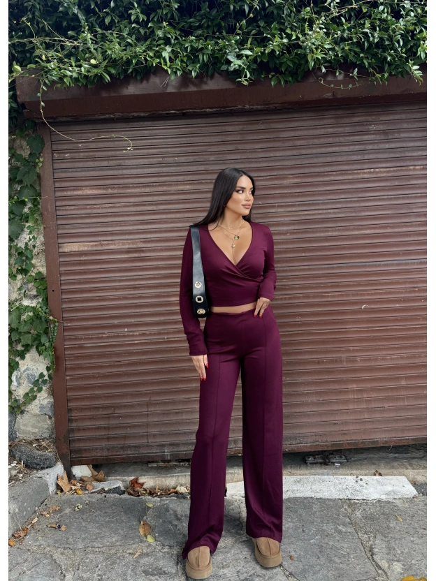 Bordo Modal Kruvaze Yaka Bağlamalı Takım