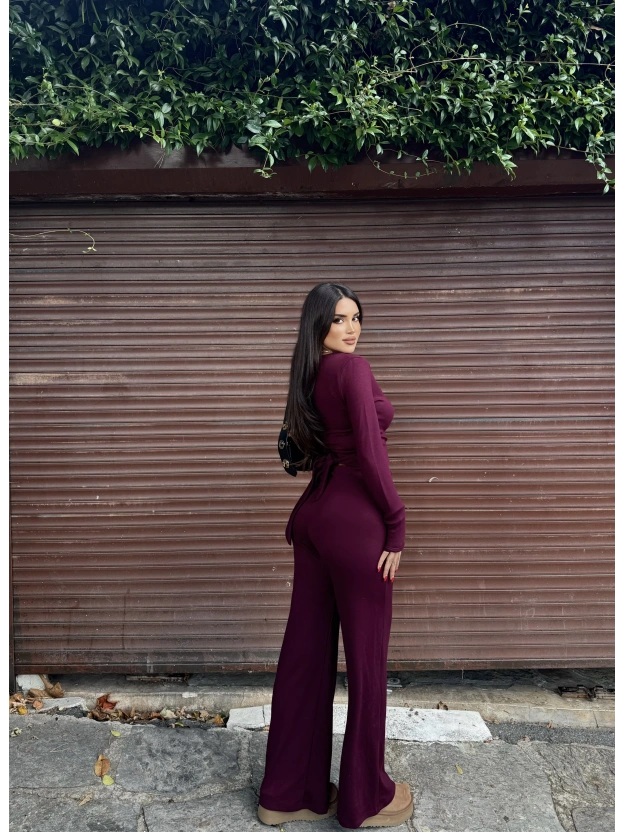 Bordo Modal Kruvaze Yaka Bağlamalı Takım