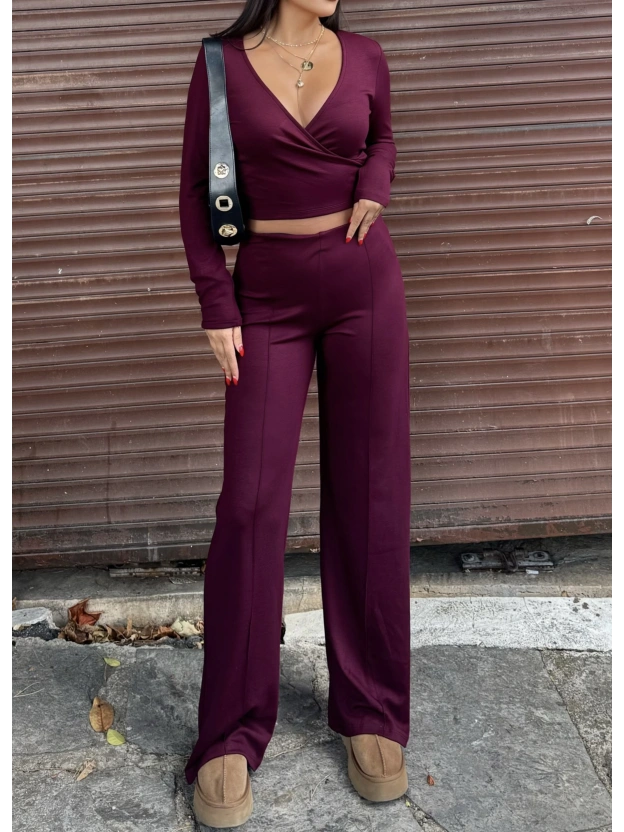 Bordo Modal Kruvaze Yaka Bağlamalı Takım