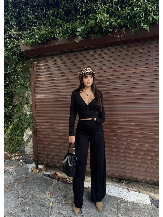 Siyah Modal Kruvaze Yaka Bağlamalı Takım