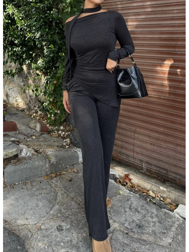 Antrasit Fularlı Asimetrik İkili Takım