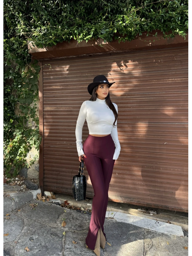 Bordo Fitilli Tayt Pantolon