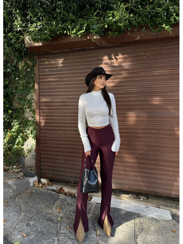 Bordo Fitilli Tayt Pantolon