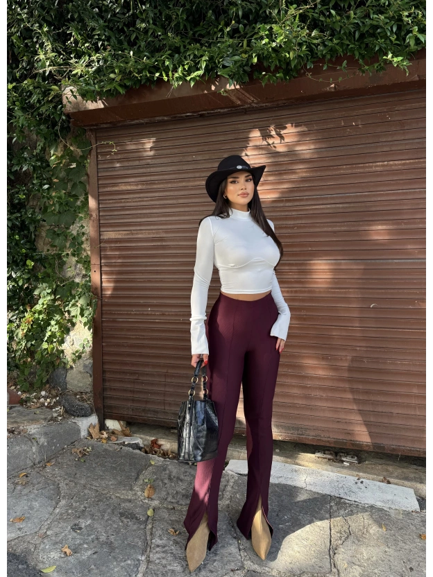 Bordo Fitilli Tayt Pantolon