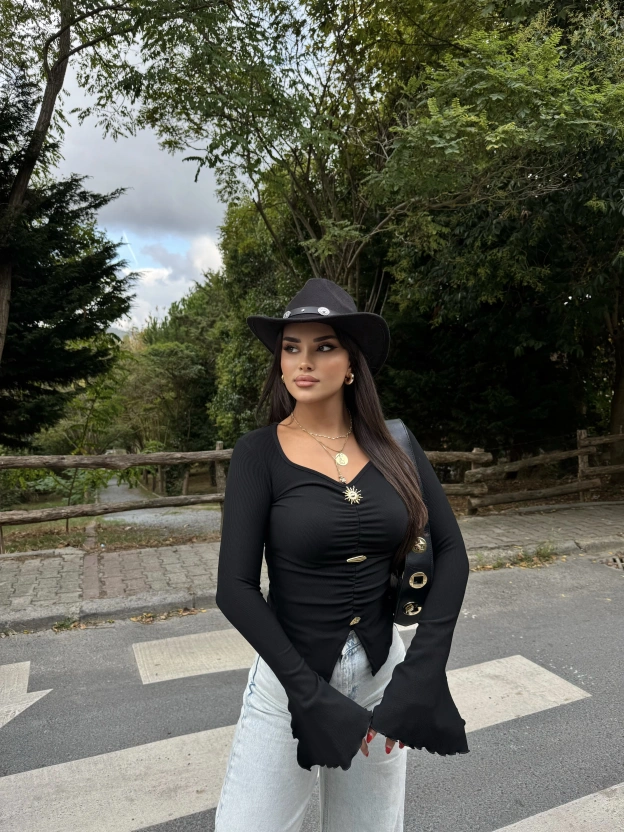 Siyah Kolları Volanlı Sun Crop