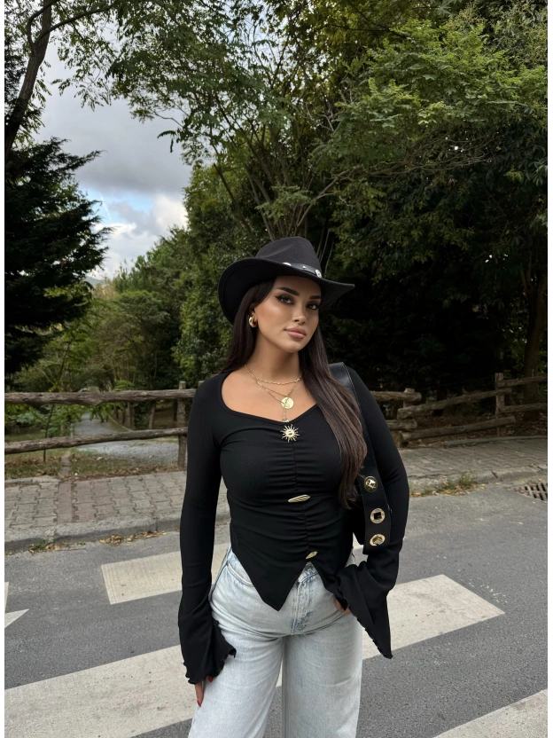Siyah Kolları Volanlı Sun Crop