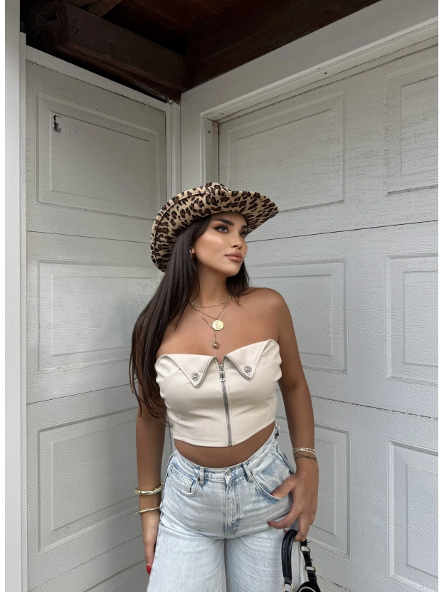 Bej Fermuar Detay Deri Straplez Crop
