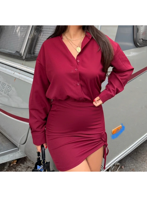Bordo Büzgülü Premium Gömlek Elbise