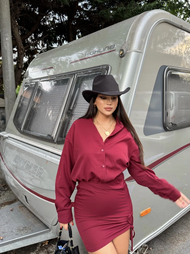 Bordo Büzgülü Premium Gömlek Elbise