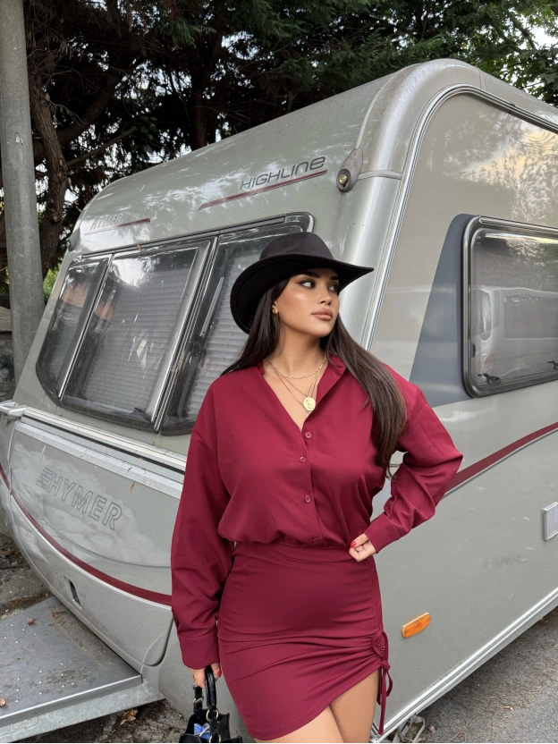 Bordo Büzgülü Premium Gömlek Elbise