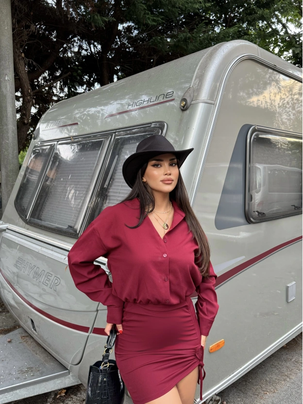 Bordo Büzgülü Premium Gömlek Elbise
