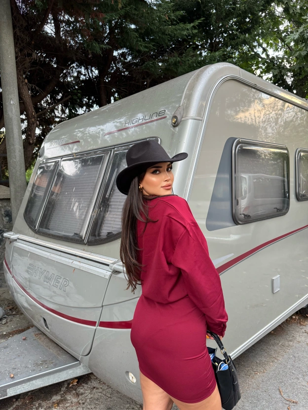 Bordo Büzgülü Premium Gömlek Elbise