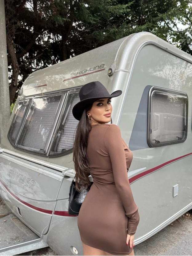 Kahverengi V Yaka Drapeli Premium Mini Elbise