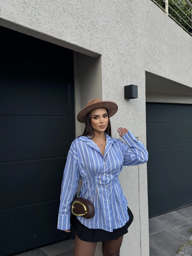 Mavi Çizgili Oversize Tasarım Gömlek