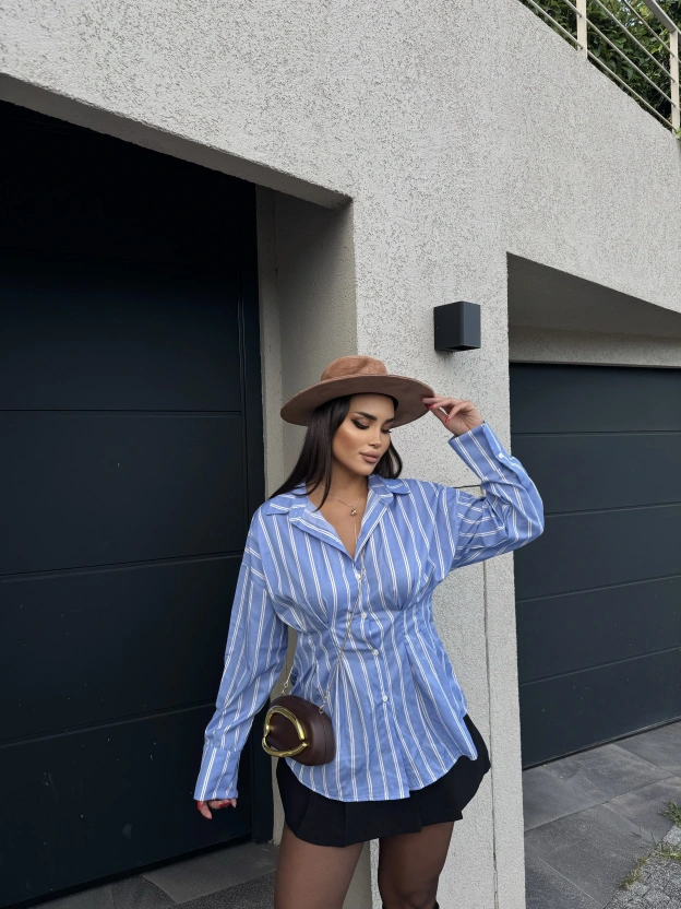 Mavi Çizgili Oversize Tasarım Gömlek