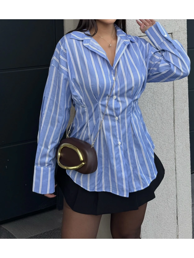Mavi Çizgili Oversize Tasarım Gömlek