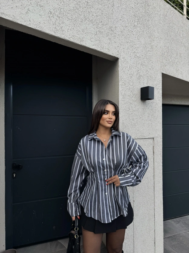 Gri Çizgili Oversize Tasarım Gömlek