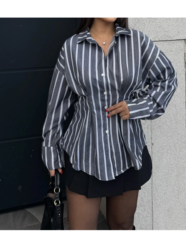 Gri Çizgili Oversize Tasarım Gömlek