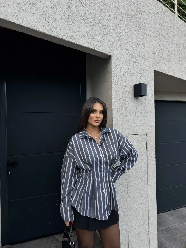 Gri Çizgili Oversize Tasarım Gömlek