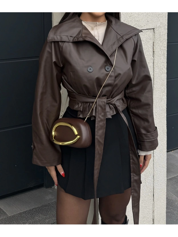 Kahverengi Kısa Kuşaklı Deri Mont