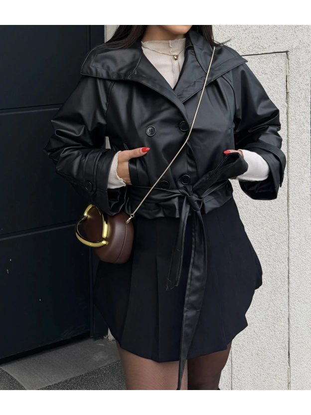 Siyah Kısa Kuşaklı Deri Mont