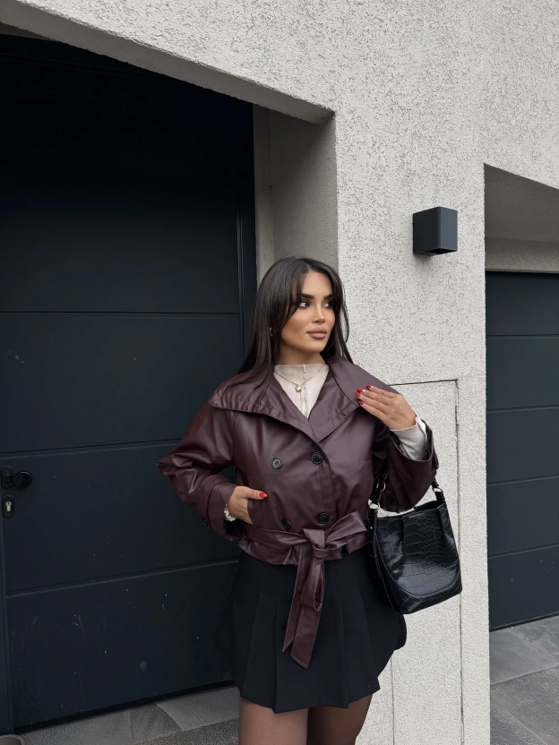 Bordo Kısa Kuşaklı Deri Mont