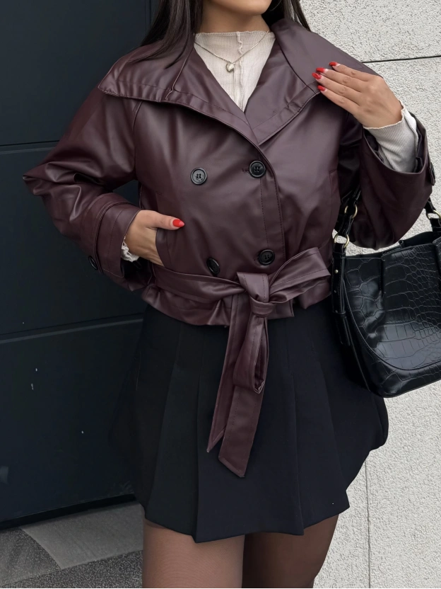 Bordo Kısa Kuşaklı Deri Mont