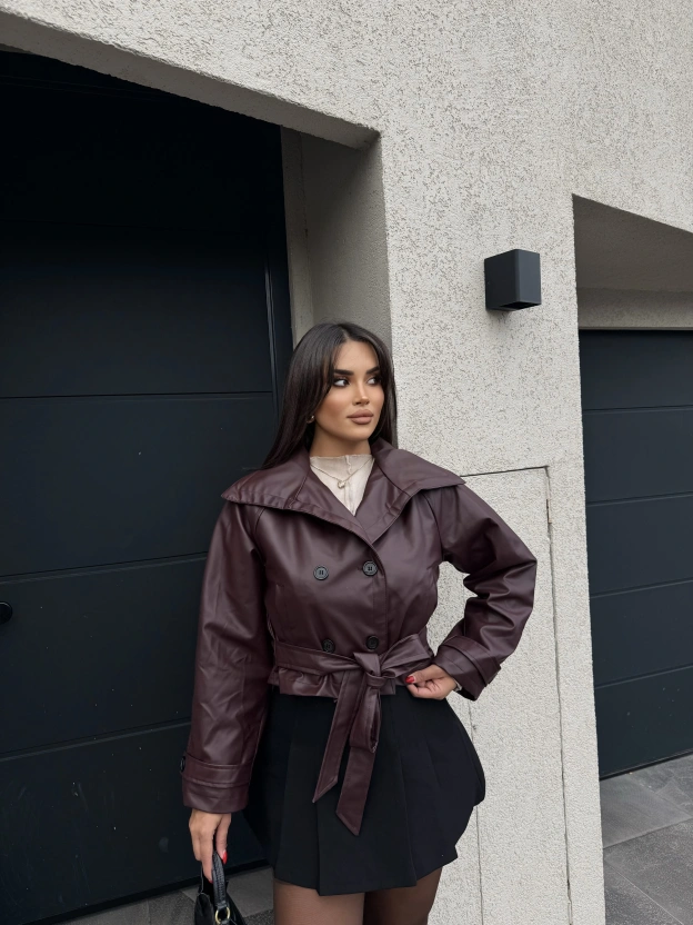 Bordo Kısa Kuşaklı Deri Mont