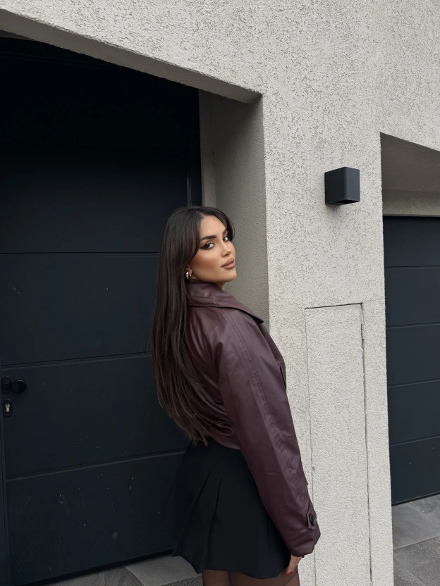 Bordo Kısa Kuşaklı Deri Mont