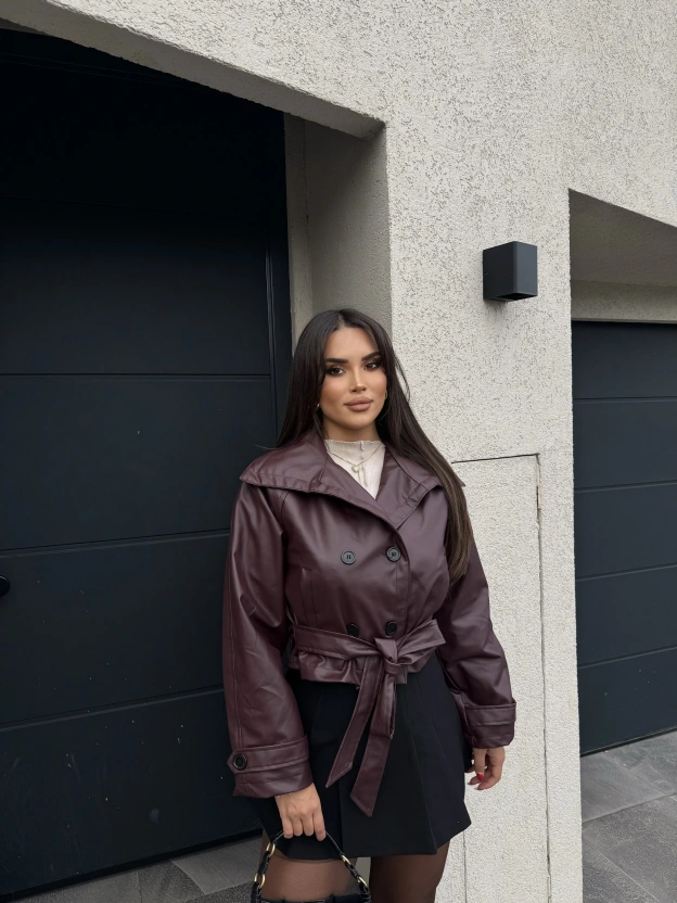 Bordo Kısa Kuşaklı Deri Mont