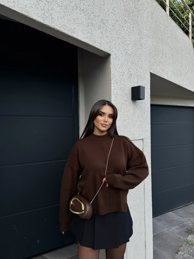 Kahverengi Yırtmaç Detay Basic Oversize Kazak