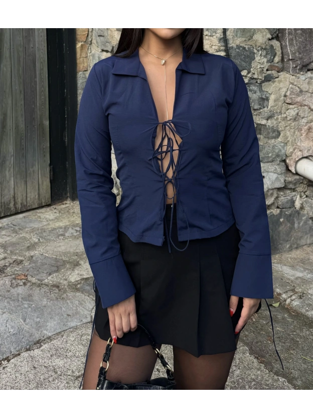 Lacivert Dekolteli Gömlek