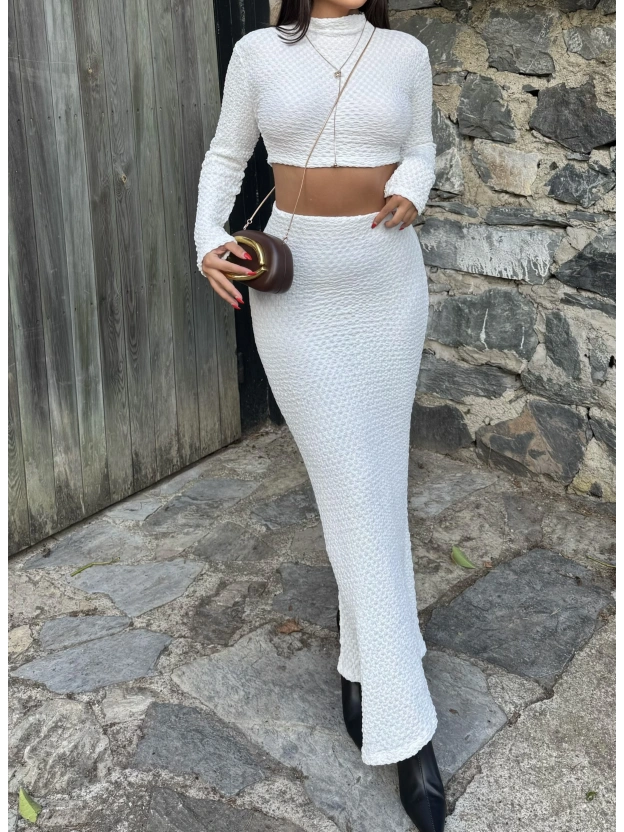 Beyaz Uzun Kol Gofre Etek Takım