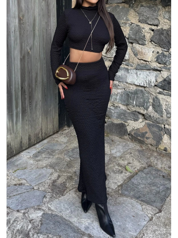 Siyah Uzun Kol Gofre Etek Takım