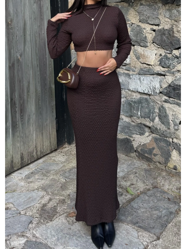 Kahverengi Uzun Kol Gofre Etek Takım