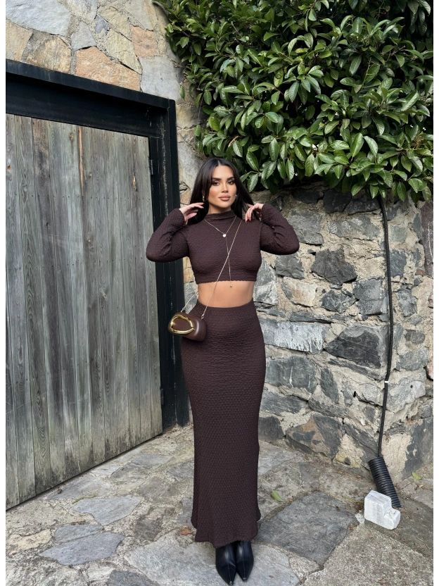 Kahverengi Uzun Kol Gofre Etek Takım