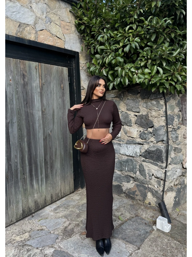 Kahverengi Uzun Kol Gofre Etek Takım