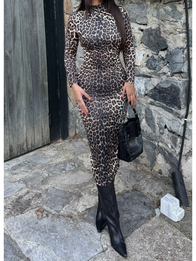Leopar Desen Drapeli Uzun Elbise