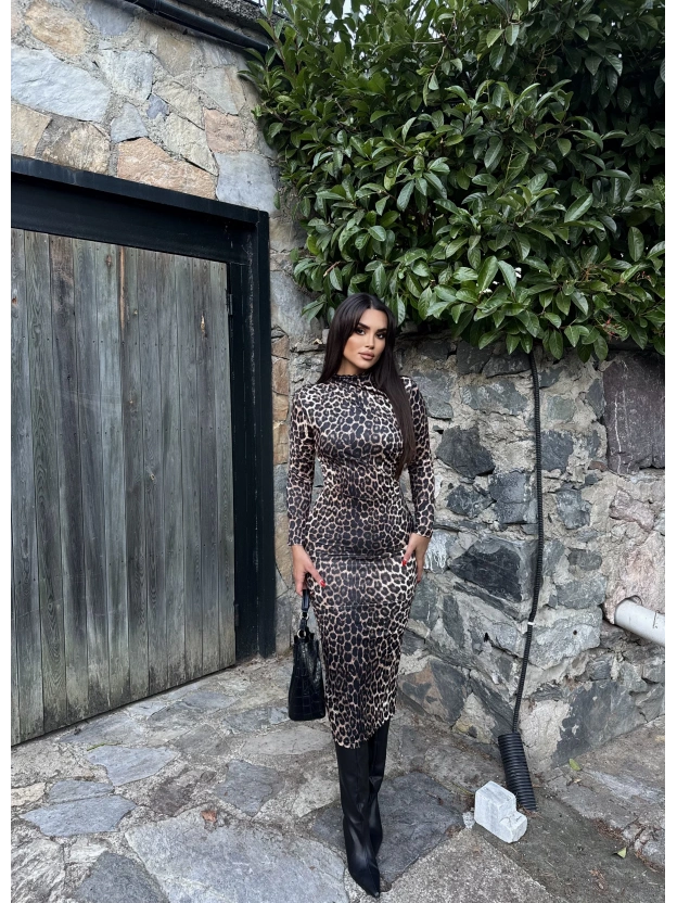 Leopar Desen Drapeli Uzun Elbise
