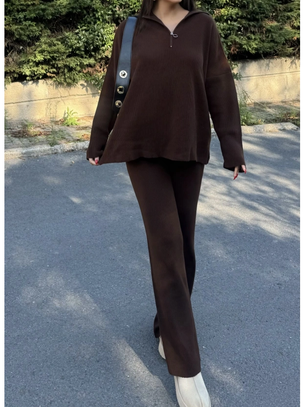 Acı Kahve Fermuarlı Triko Takım