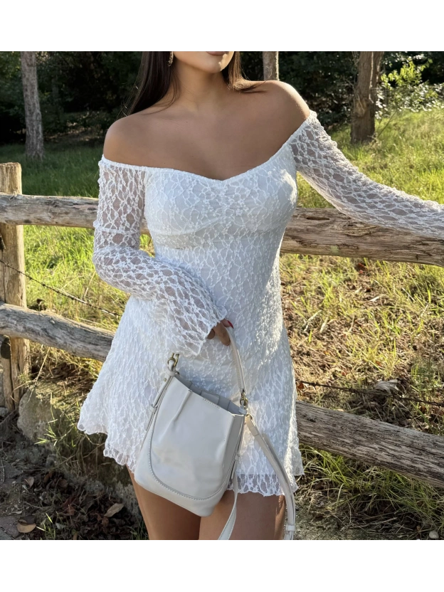 Beyaz Dantel Detay Mini Elbise