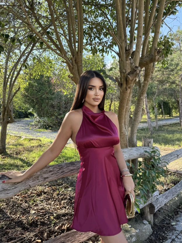Bordo Saten Sırt Detay Mini Elbise