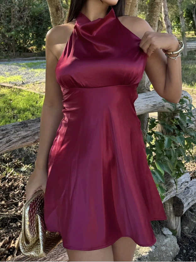 Bordo Saten Sırt Detay Mini Elbise
