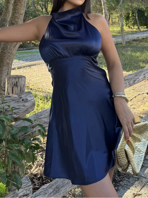 Lacivert Saten Sırt Detay Mini Elbise