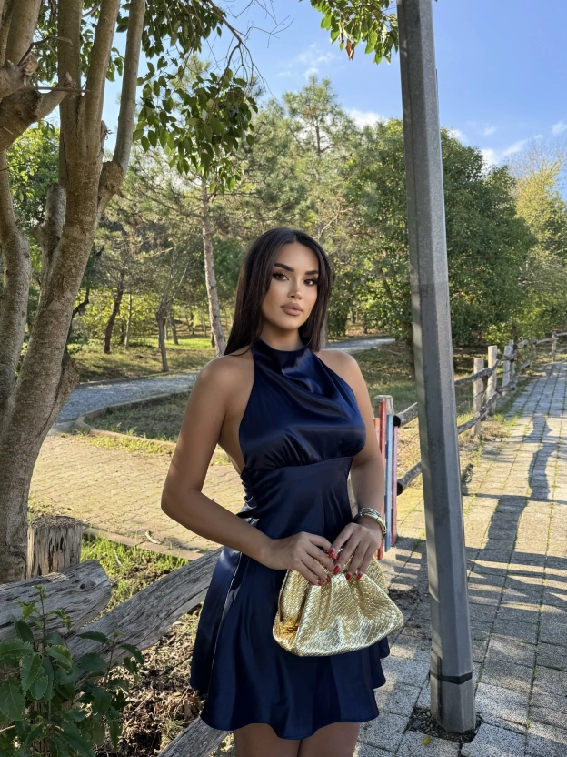 Lacivert Saten Sırt Detay Mini Elbise