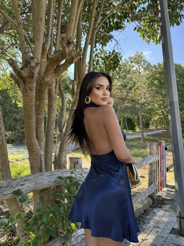 Lacivert Saten Sırt Detay Mini Elbise