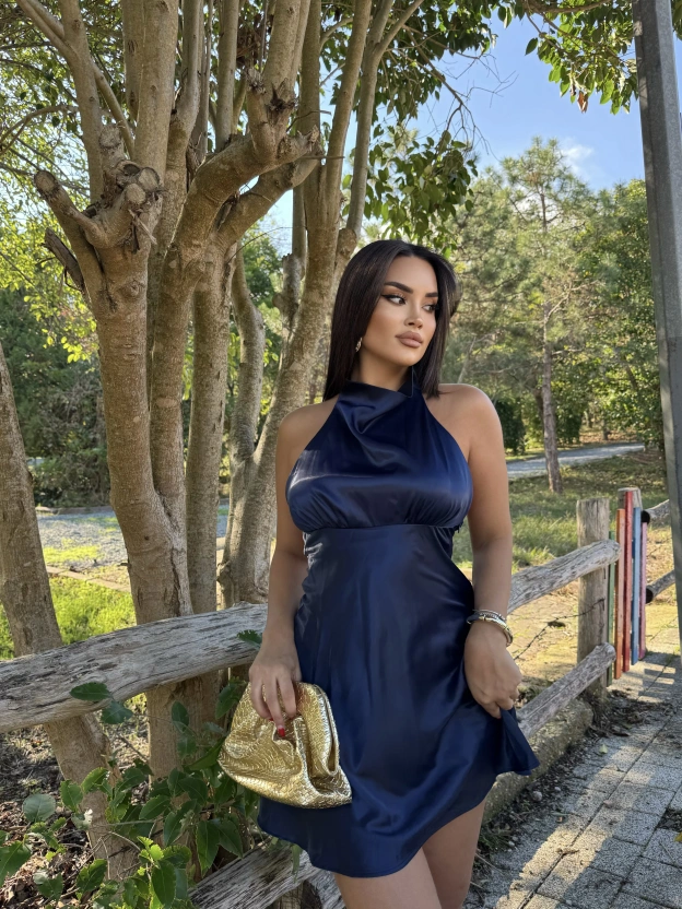Lacivert Saten Sırt Detay Mini Elbise