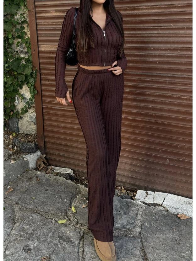 Kahverengi Kapüşonlu Dikiş Detay Alt Üst Takım