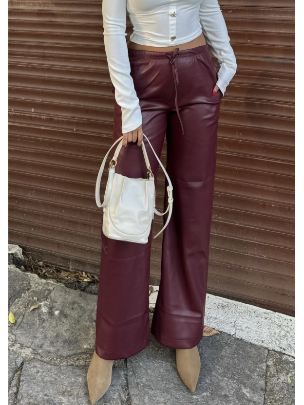 Bordo Şardonlu Deri Pantolon