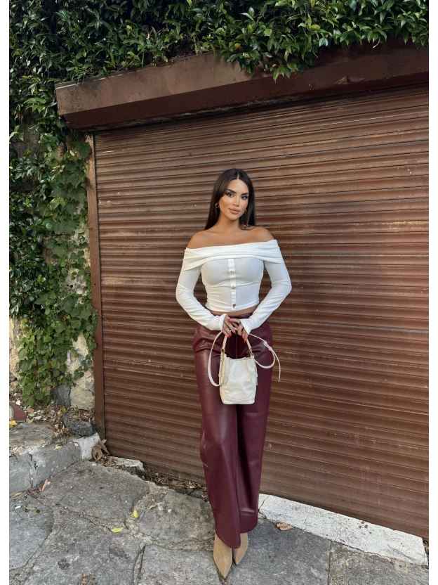 Bordo Şardonlu Deri Pantolon